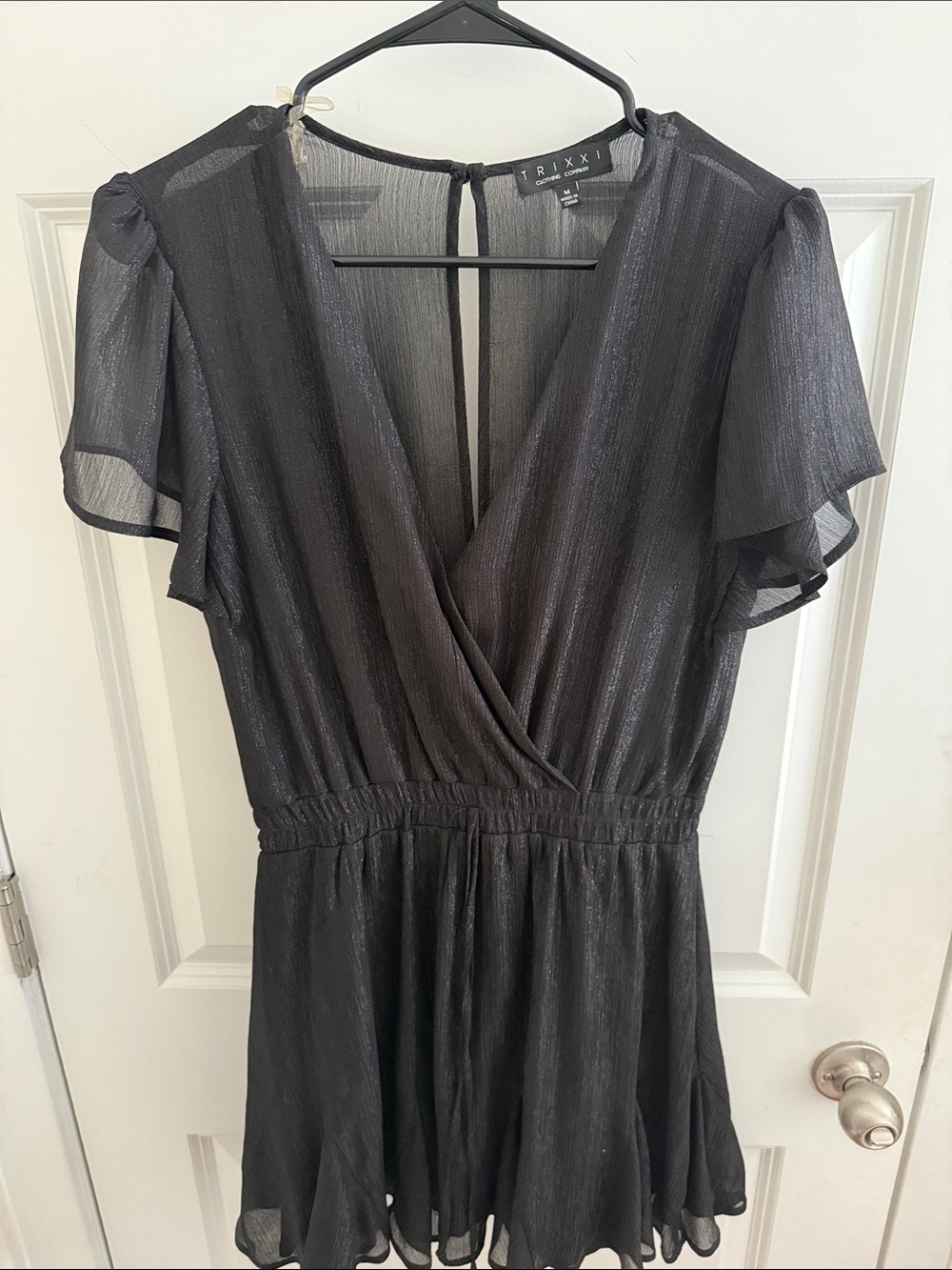 Black Shimmer Surplice Mini Dress